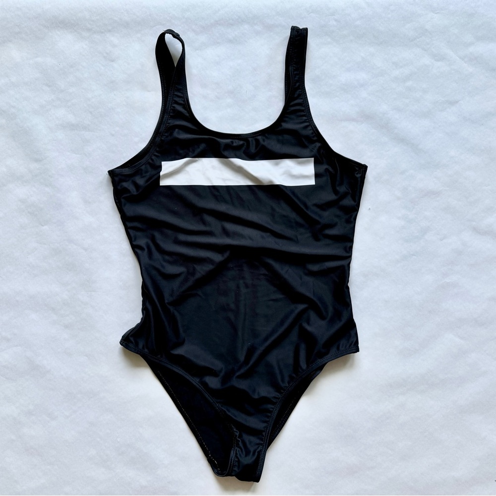 NWOT Dr denim logo bathing suit one piece size small black censor bar